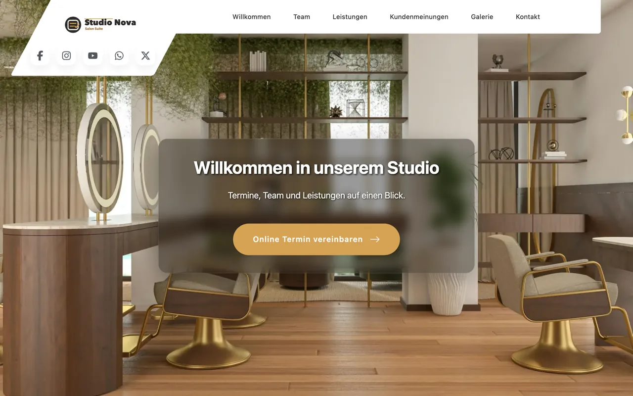 Website eines Demo-Salons, gebaut mit Salon Wizard, mit dem Button zur Online-Terminbuchung