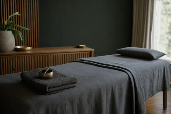 Spa-Raum mit Massageliege, Handtüchern und Klangschale